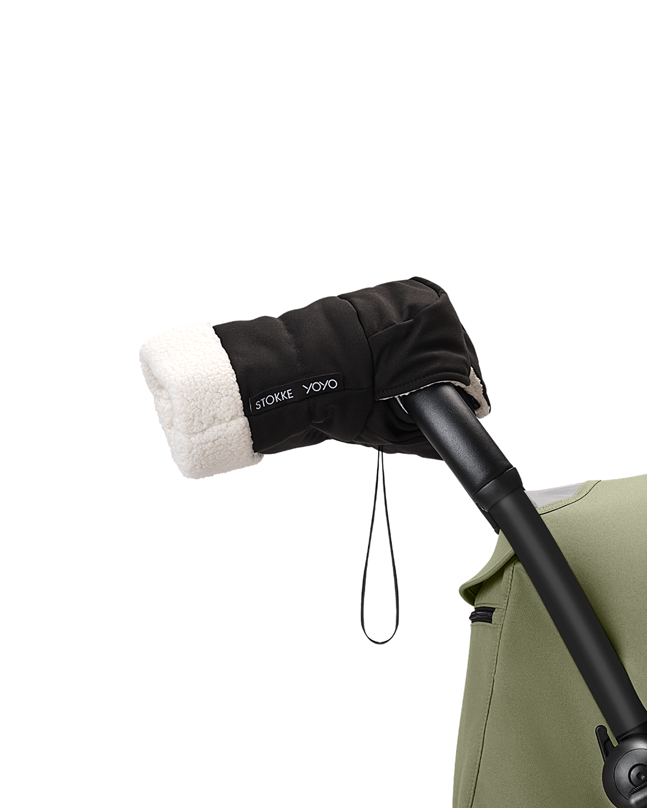 STOKKE YOYO stroller hand muff, black with white sherpa lining, on an olive green stroller.