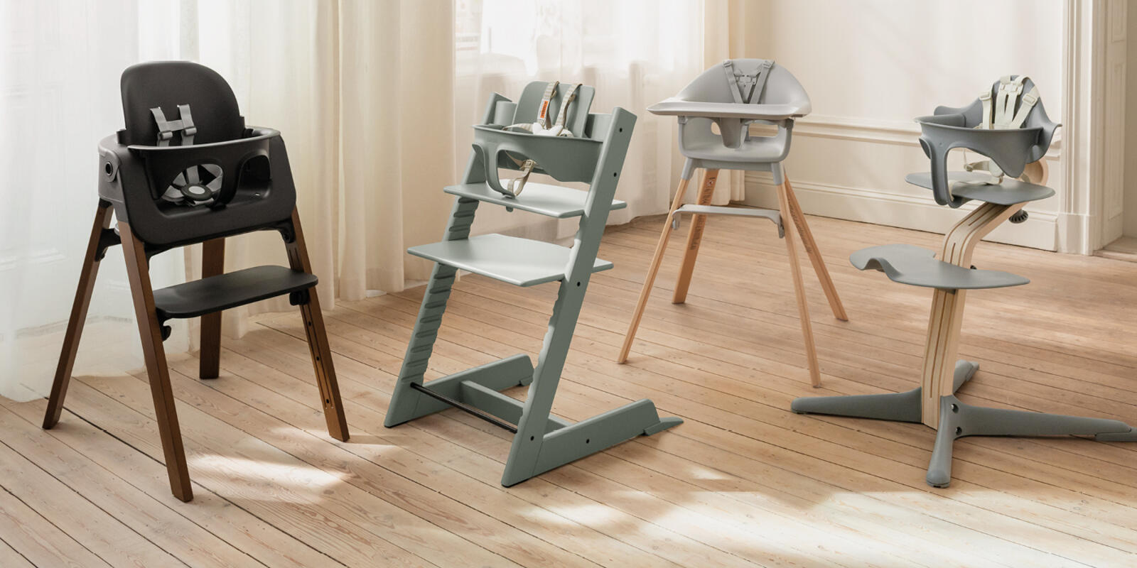 Stokke high chair assortment including steps, tripp trapp, clikk, and nomi.