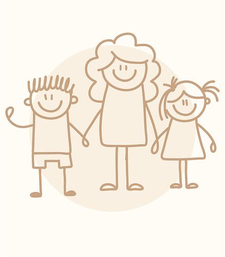 Cartoon of a mother, young son, and daughter representing connection.