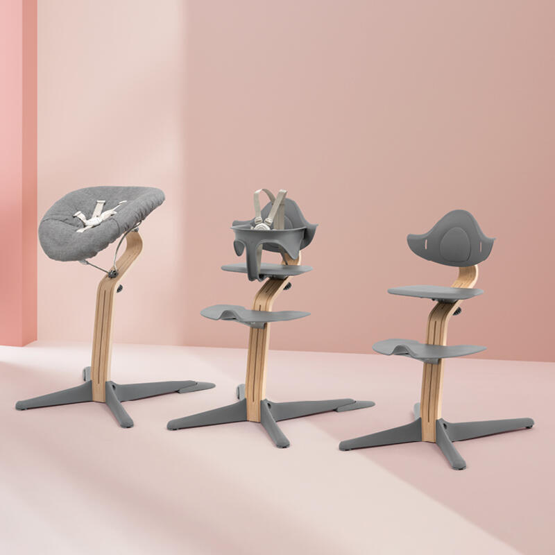 Image of Stokke® Nomi® chair, Stokke® Nomi® chair with baby set and Stokke® Nomi® chair with newborn set. 