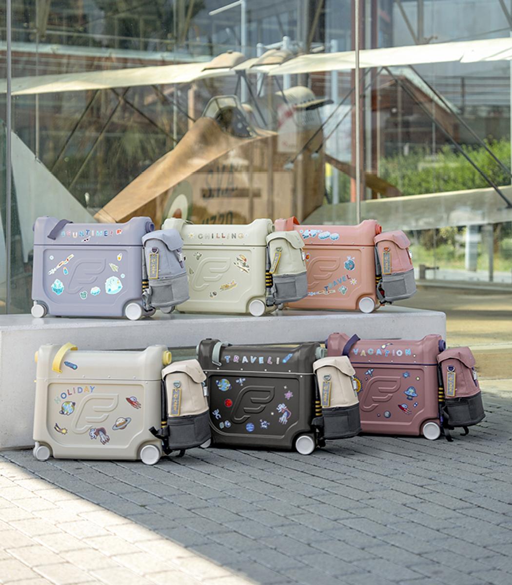 Jetkids baby gear including cloudsleeper children's travel bed, bedbox, and backpack in many different colors.