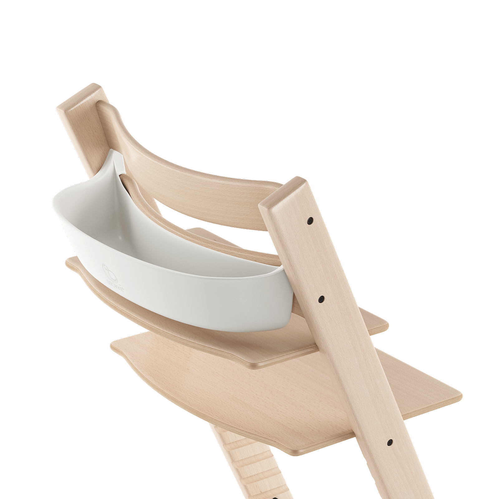 Seggiolone Tripp Trapp in legno naturale con Newborn Set bianco.