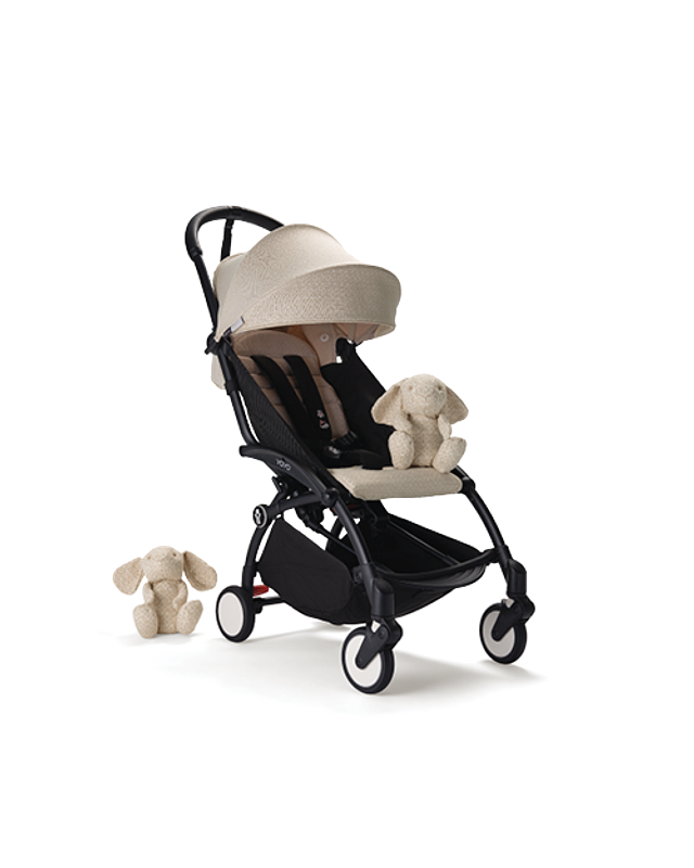 Bonpoint Beige YOYO stroller from 6 months with black frame.