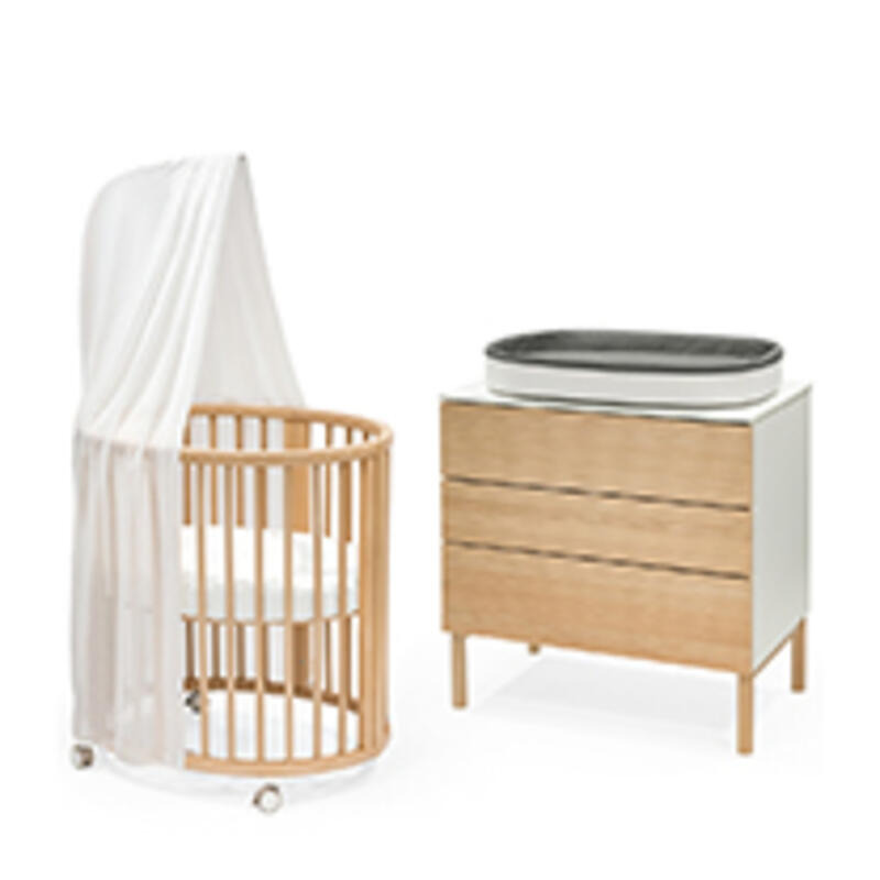 Sleepi mini bed crib baby furniture with sleepi dresser with changer on top.