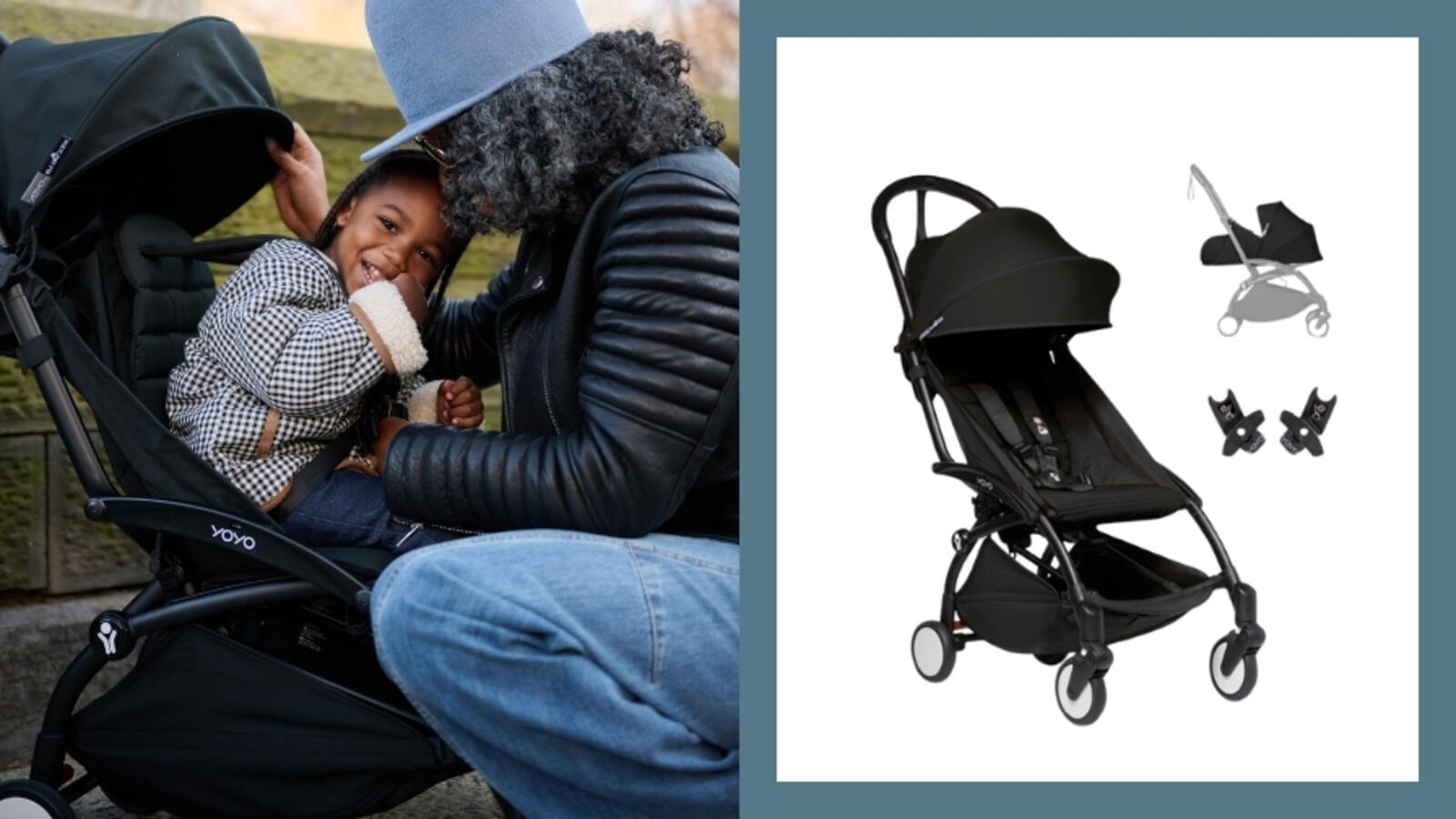 Mother embracing child in the YOYO stroller from 6 months with black frame and black color pack. 