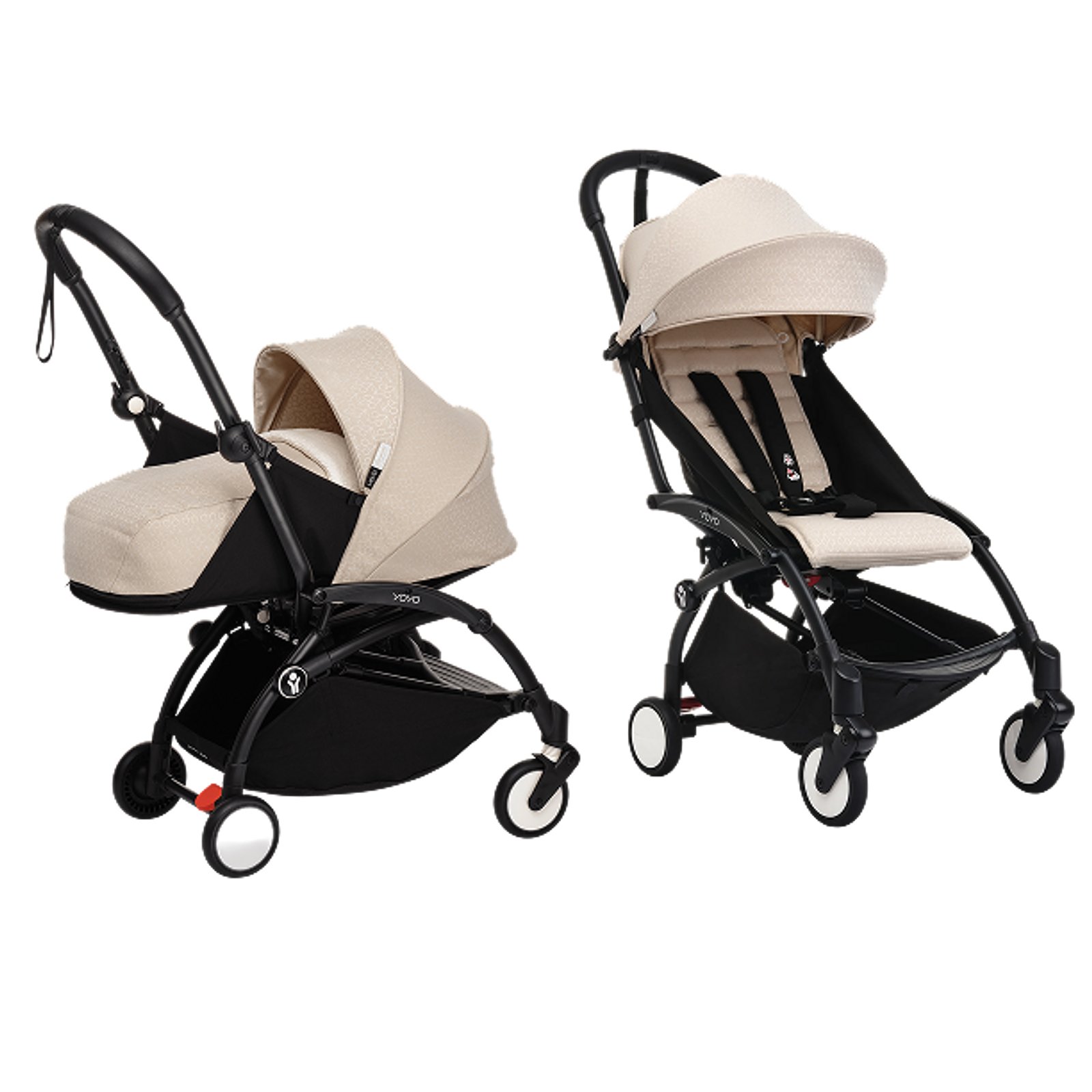 Two STOKKE YOYO strollers: one with a bassinet, one with a seat, both beige and black.