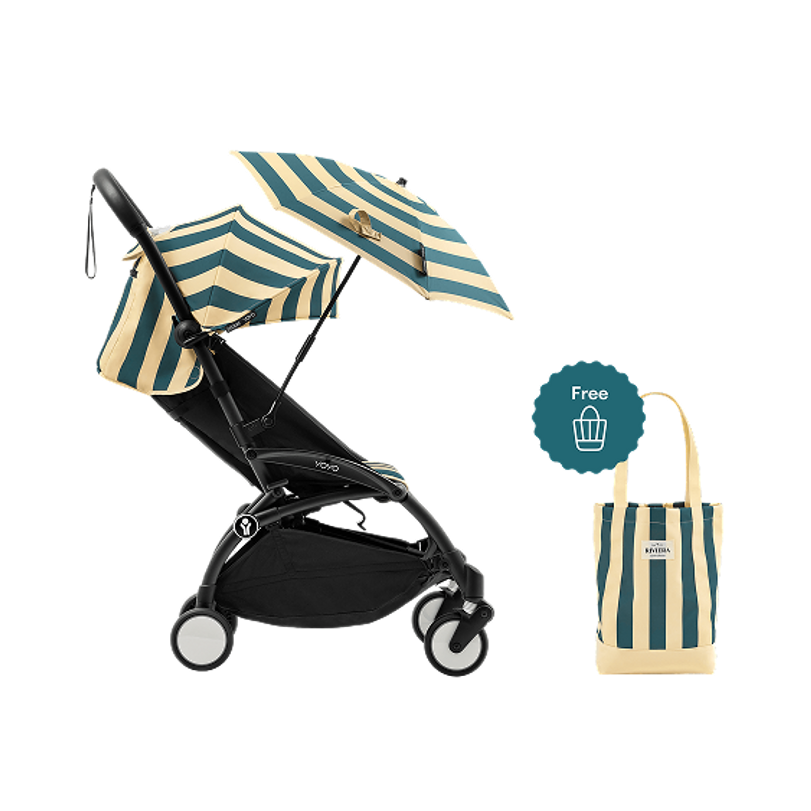 STOKKE YOYO Kinderwagen mit gestreiftem Verdeck, Regenschirm und kostenloser passender Tragetasche.
