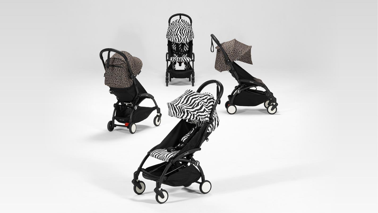 Alle kleurconfiguraties van de nieuwe YOYO-kinderwagen met dierenprint.