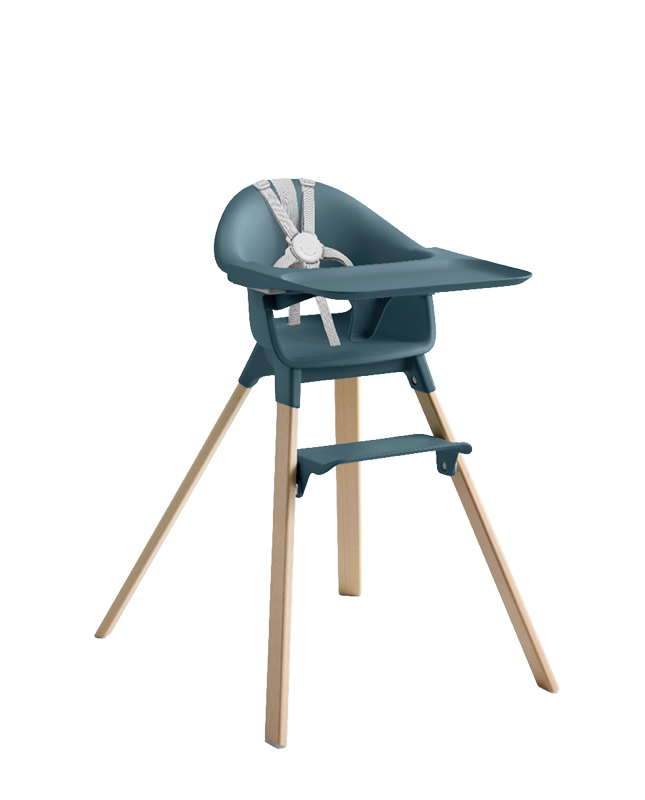 Clikk high chair in fjord blue and natural.
