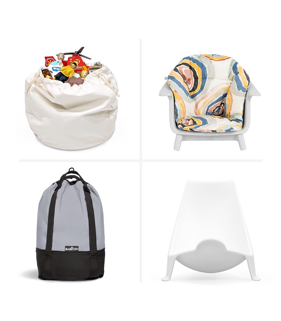 Mutable accessories, YOYO bag in color grey, flexi bath newborn support, clikk cushion.
