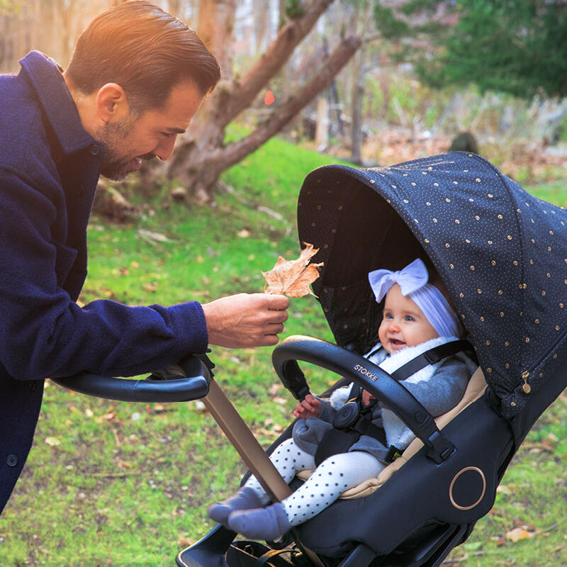Dad showing his child a leaf while baby is in their Xplory® X stroller.
