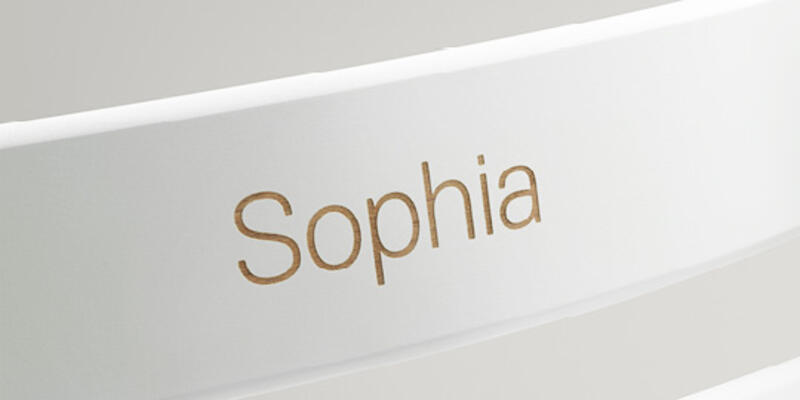 The name Sophia engraved in a Tripp trapp chair in color white.