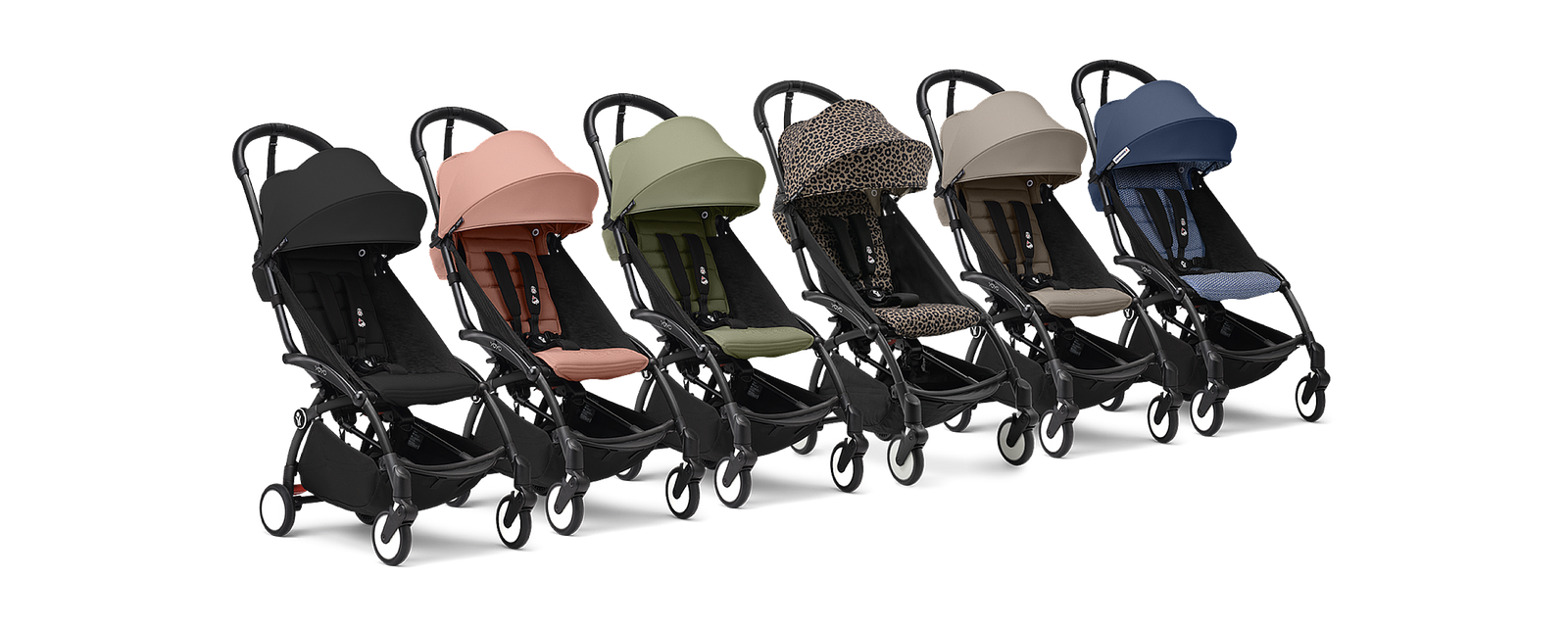 Six poussettes STOKKE YOYO avec différents packs de couleurs : noir, rose, olive, léopard, beige, bleu.