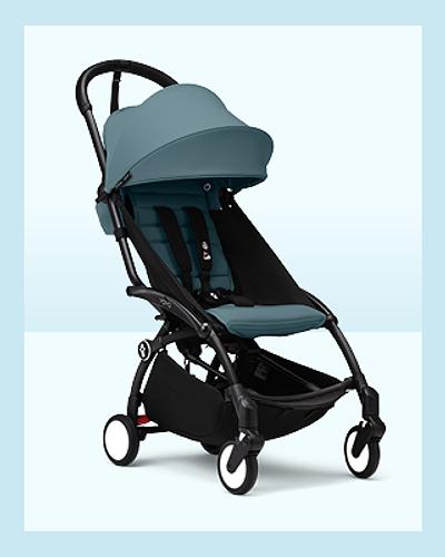 A YOYO³ stroller for children 6 months and above in color aqua with black frame.