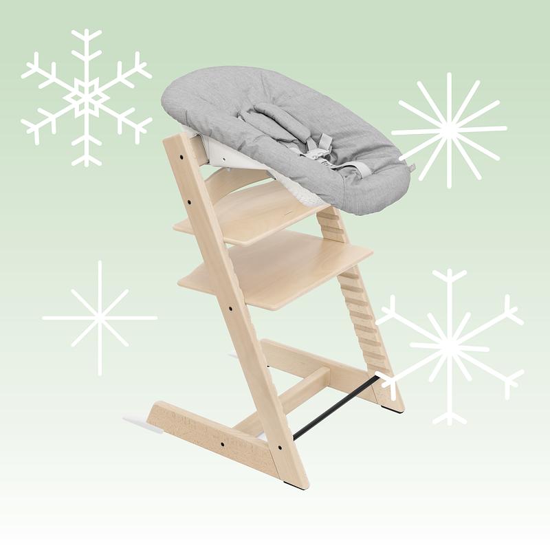 Tripp Trapp newborn high chair with holiday background.