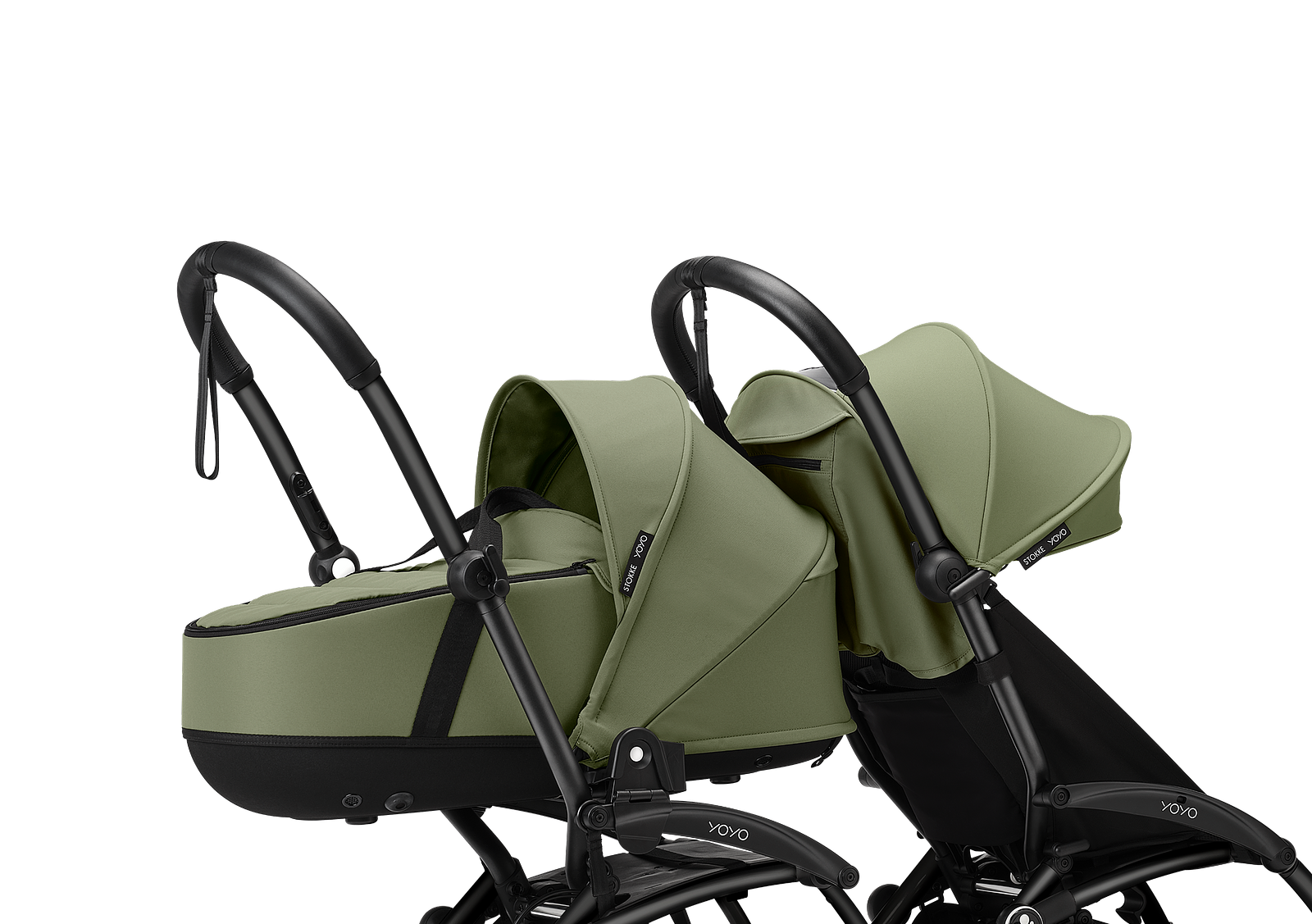 Two olive green STOKKE YOYO strollers: one with a bassinet, one with a seat, on black.