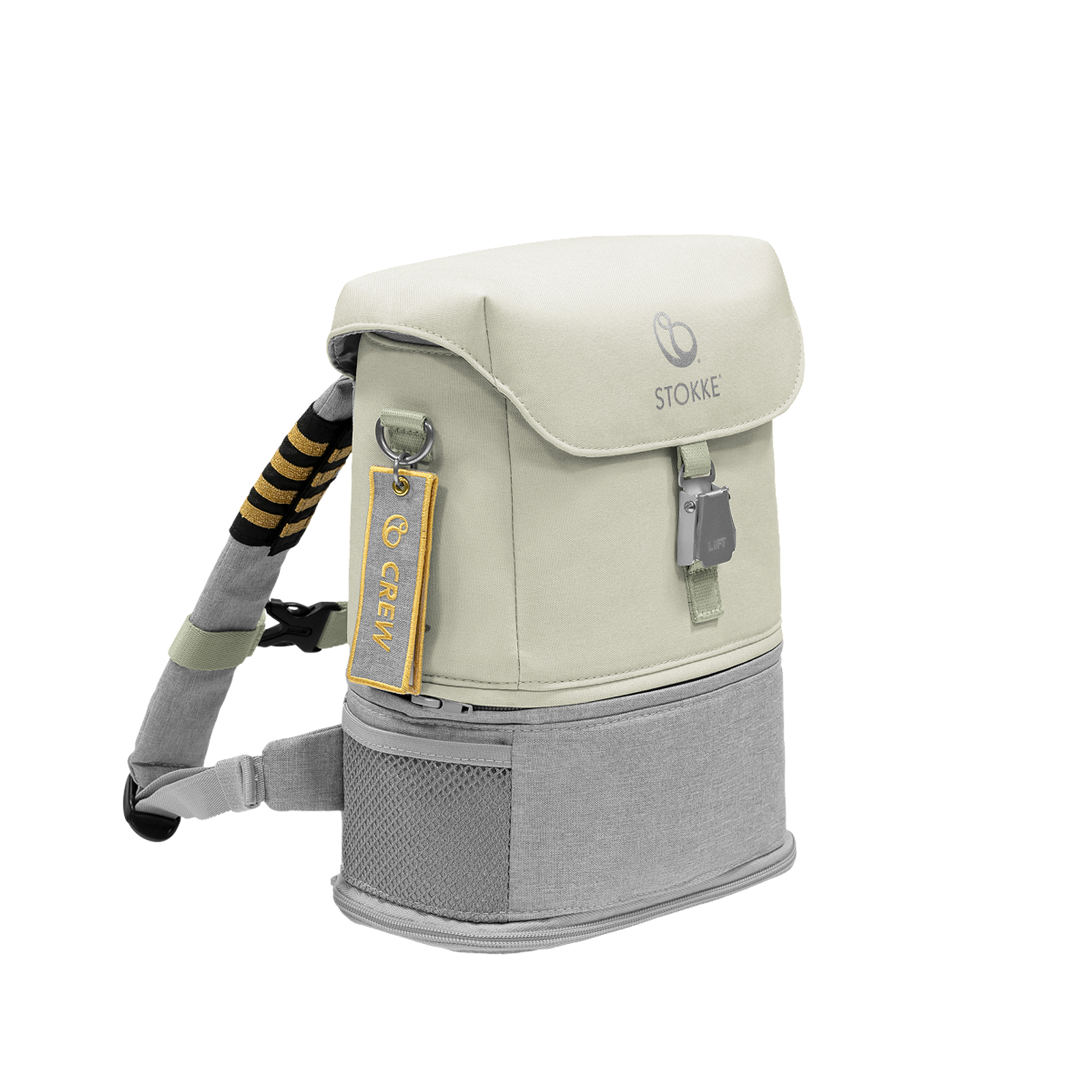 STOKKE light beige and grey backpack with a 'CREW' keychain and striped strap.