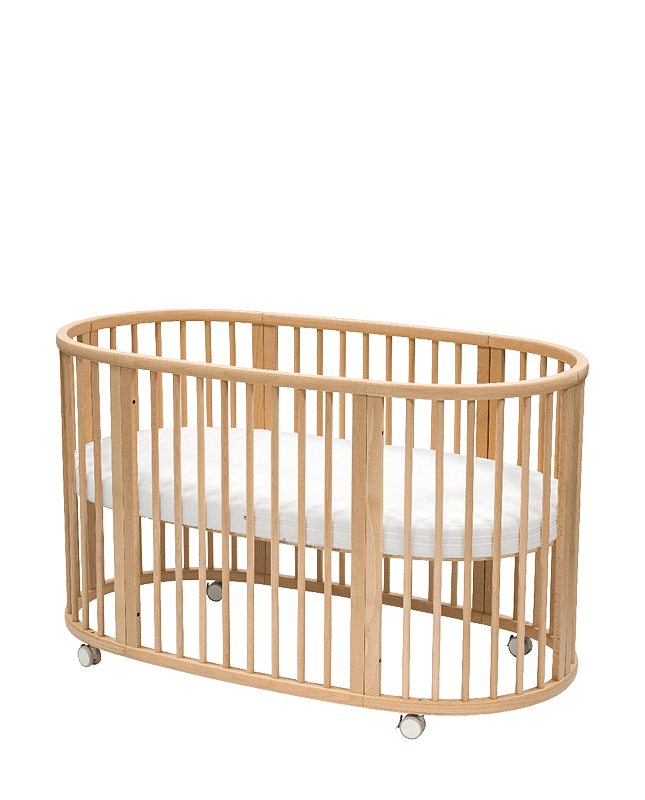 Natural sleepi crib bed with white mattress.