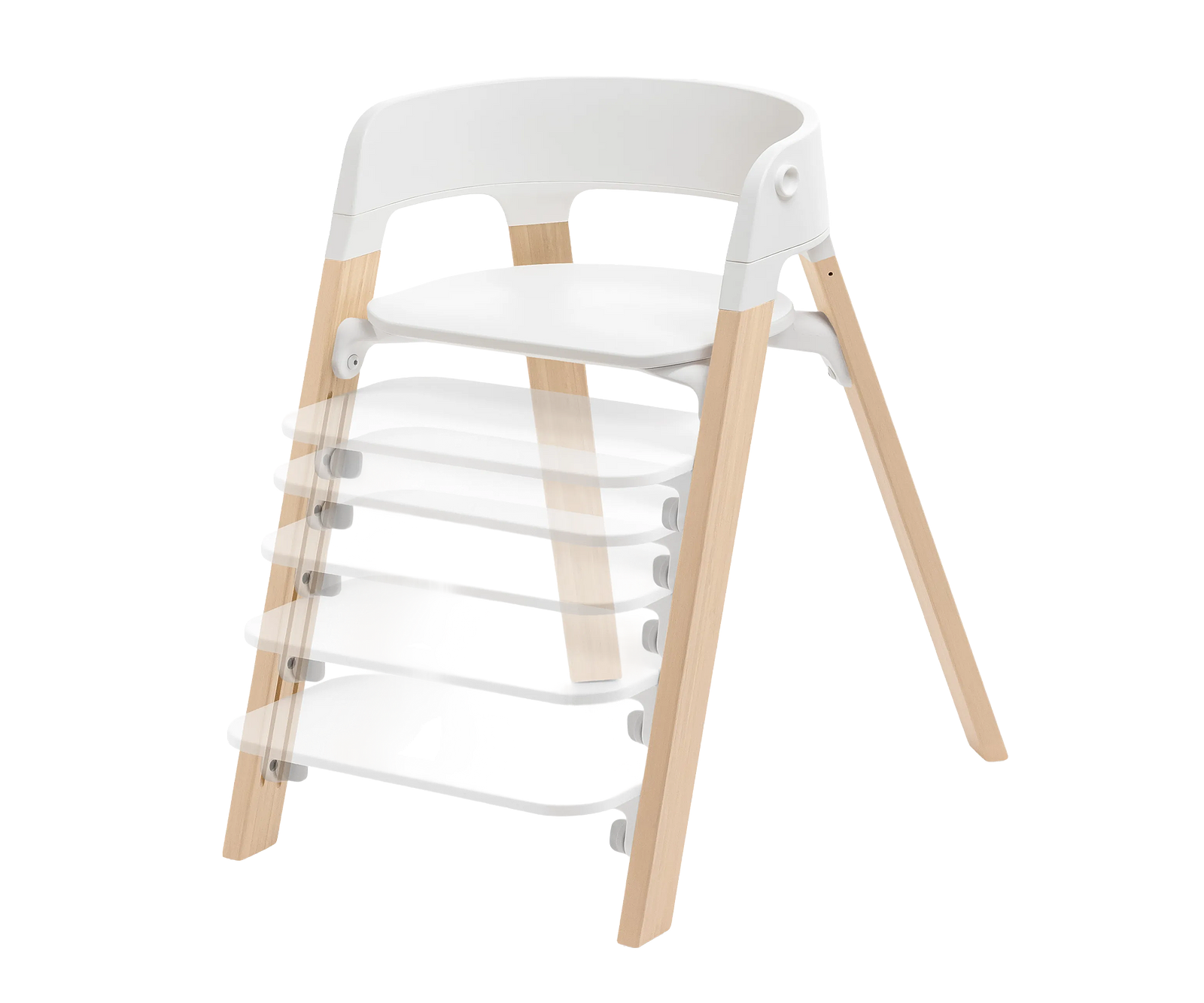 Chaise haute réglable en bois blanc et naturel, montrant plusieurs positions d'assise et de repose-pieds.