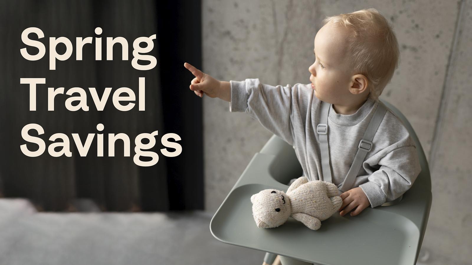 Baby in glacier green Clikk high chair. 20% spring travel savings.