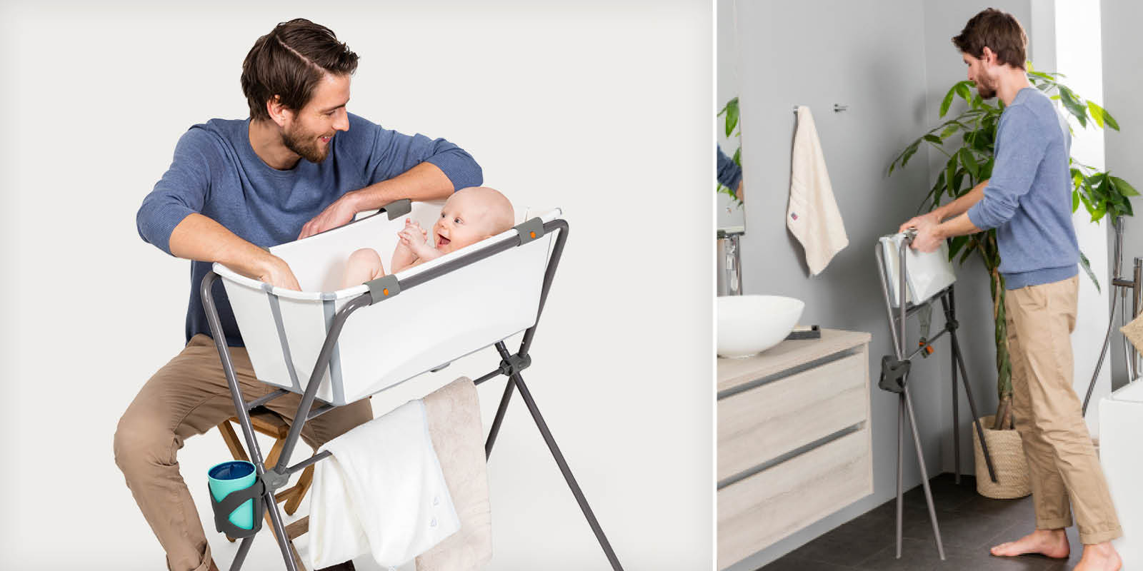 Stokke® Flexi Bath® WhiteGrey with Newborn Support, on Stokke™ Flexi Bath™ Stand. Stokke® Flexi Bath® WhiteGrey on Stokke™ Flexi Bath™ Stand folded. Stokke® Flexi Bath® WhiteGrey with Newborn Support, on Stokke™ Flexi Bath™ Stand. Stokke® Flexi Bath® WhiteGrey on Stokke™ Flexi Bath™ Stand folded.